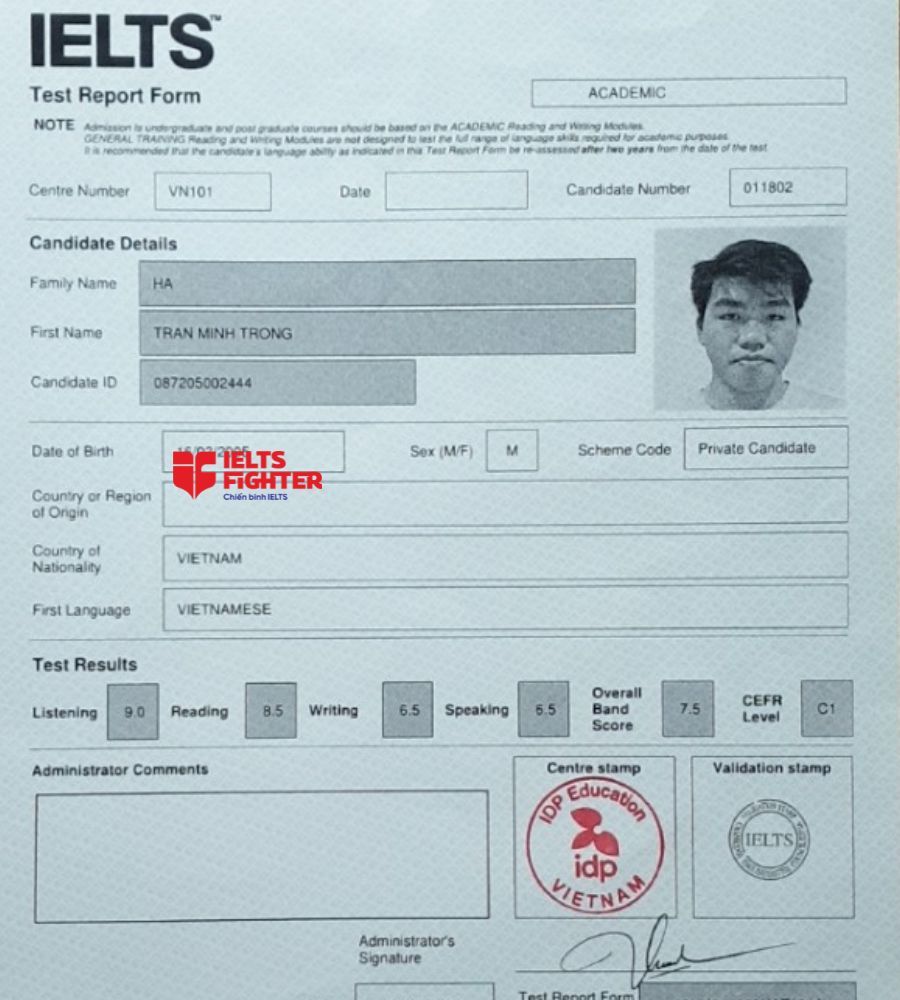 bằng Hà Trần Minh Trọng 7.5 IELTS