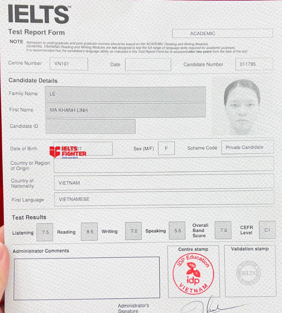 Chứng chỉ Lê Mã Khánh Linh  7.5 IELTS