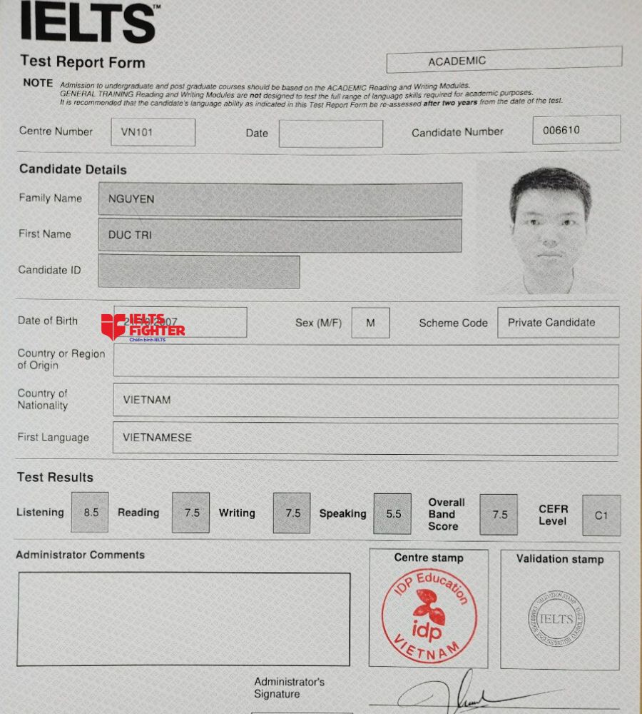 Chứng chỉ Nguyễn Đức Trí  7.0 IELTS