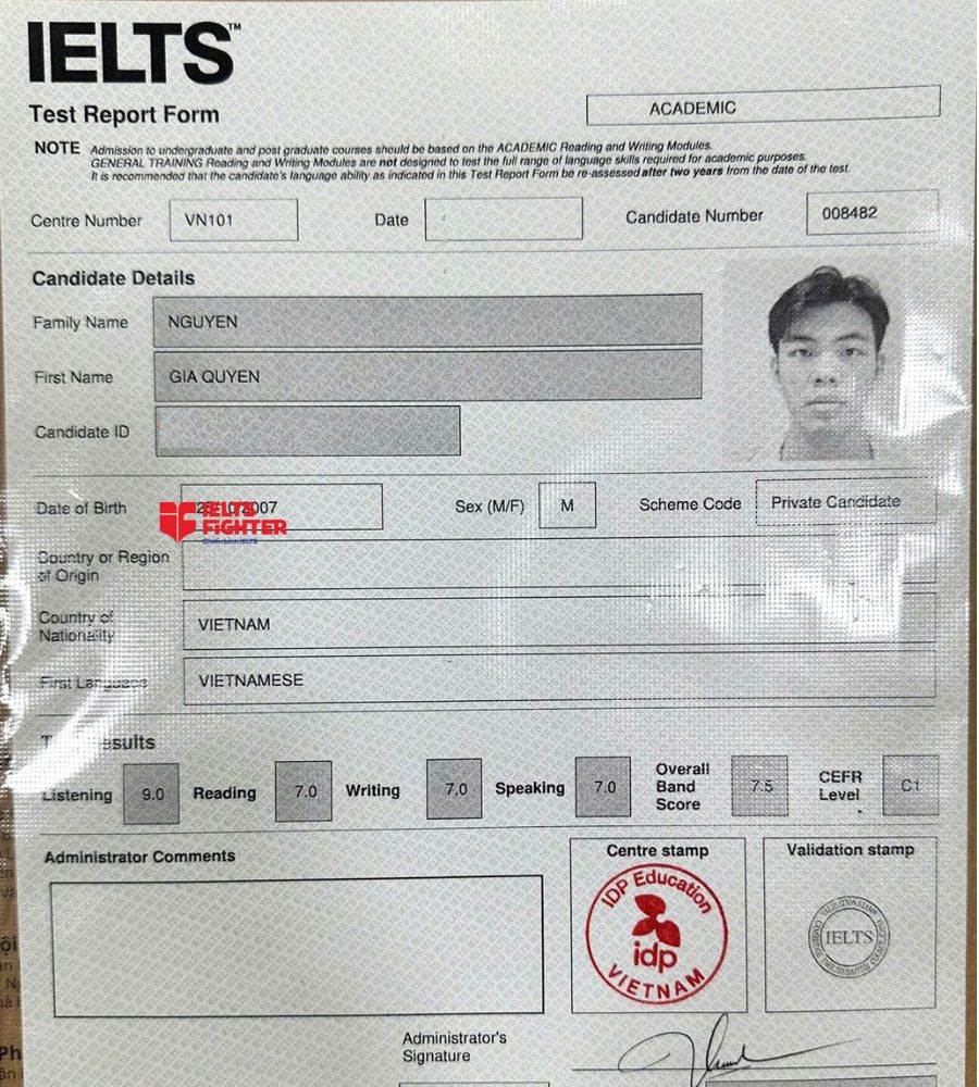 Chứng chỉ Nguyễn Gia Quyền 7.5 IELTS