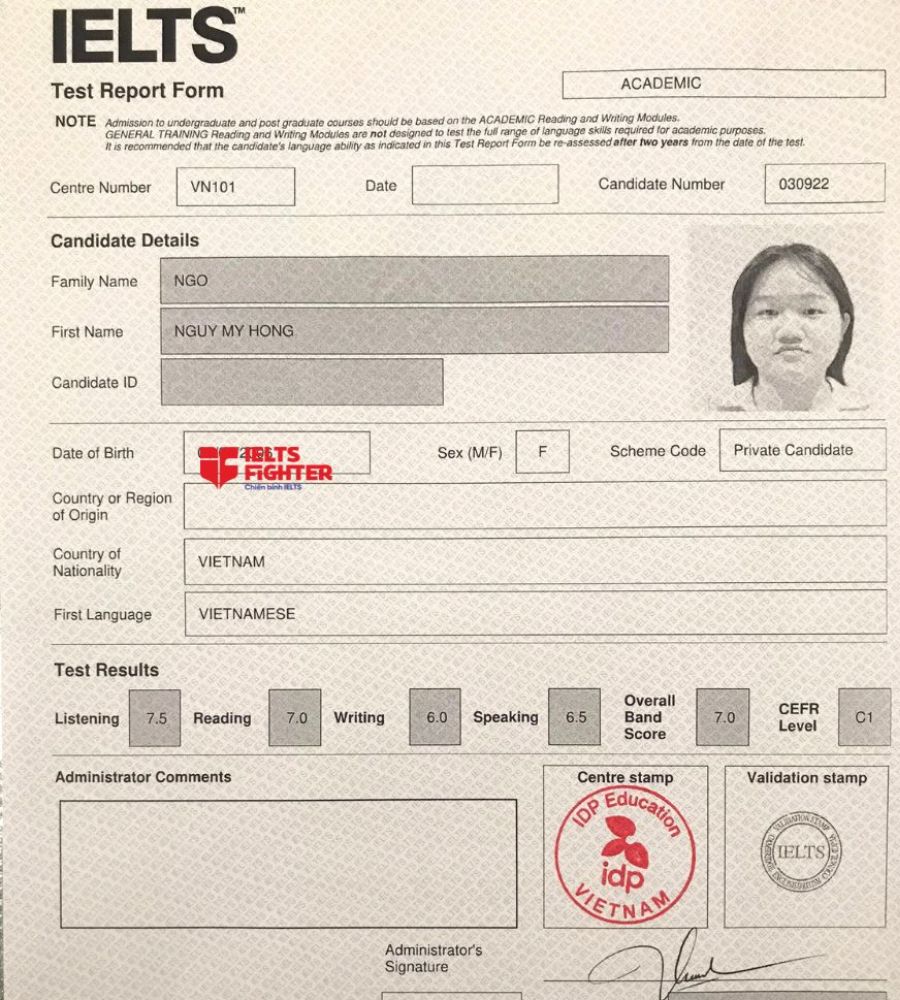 bảng điểm Ngô Nguỵ Mỹ Hồng 7.0 IELTS