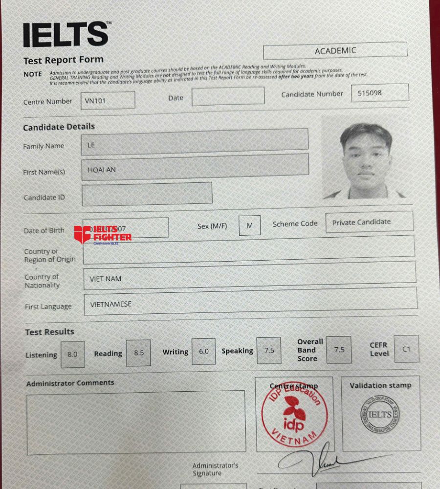 Chứng chỉ Lê Hoài Ân 7.5 IELTS