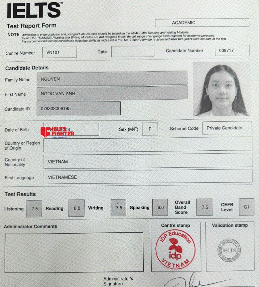 Chứng chỉ Nguyễn Ngọc Vân Anh  7.5 IELTS