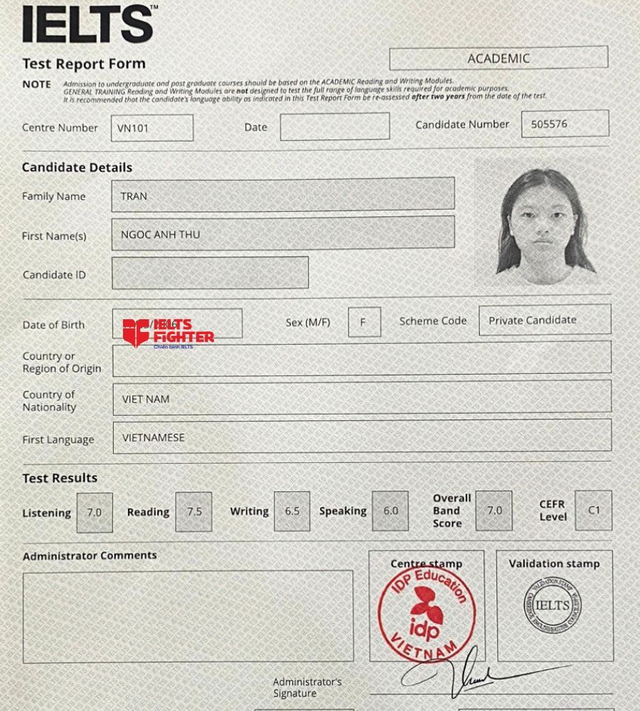 Bảng điểm Trần Ngọc Anh Thư 7.0 IELTS