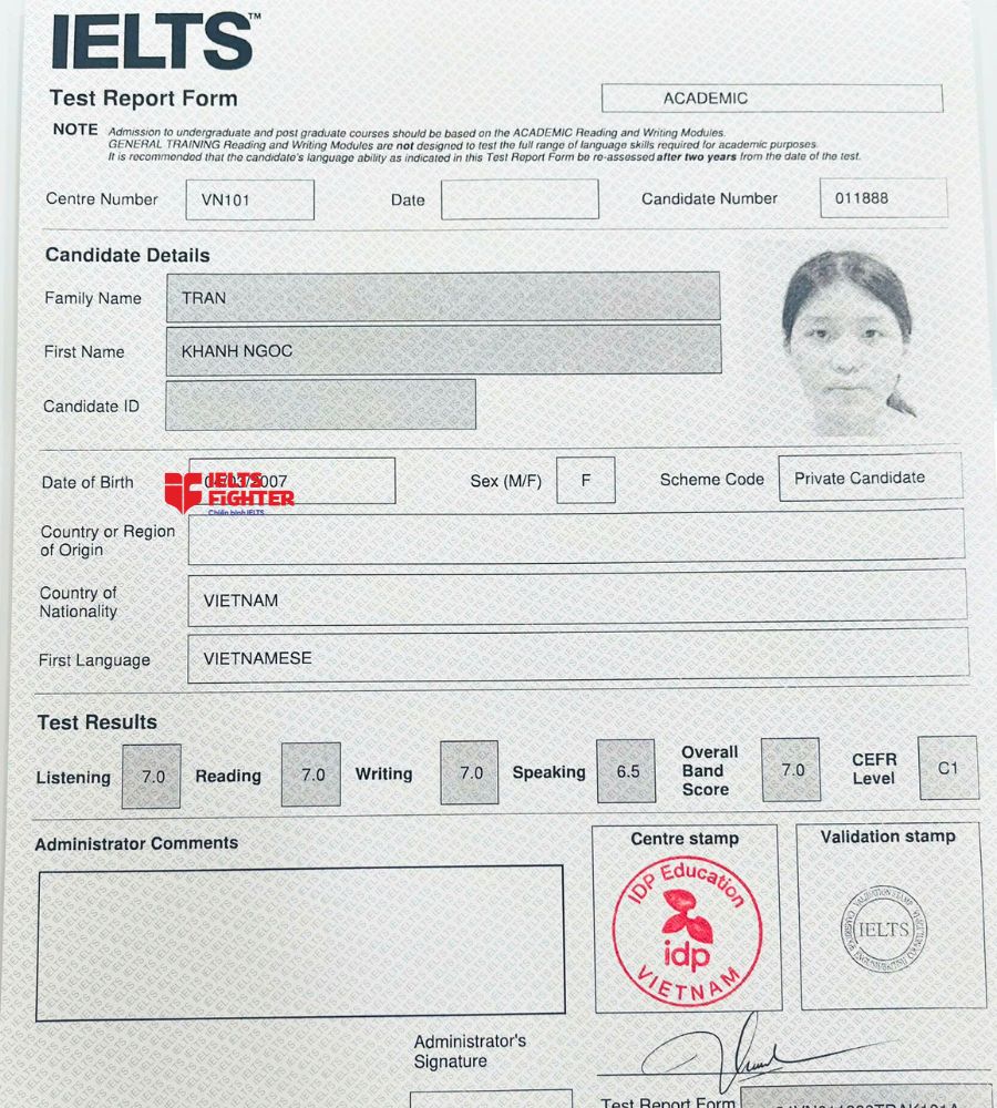 Chứng chỉ Trần Khánh Ngọc 7.0 IELTS