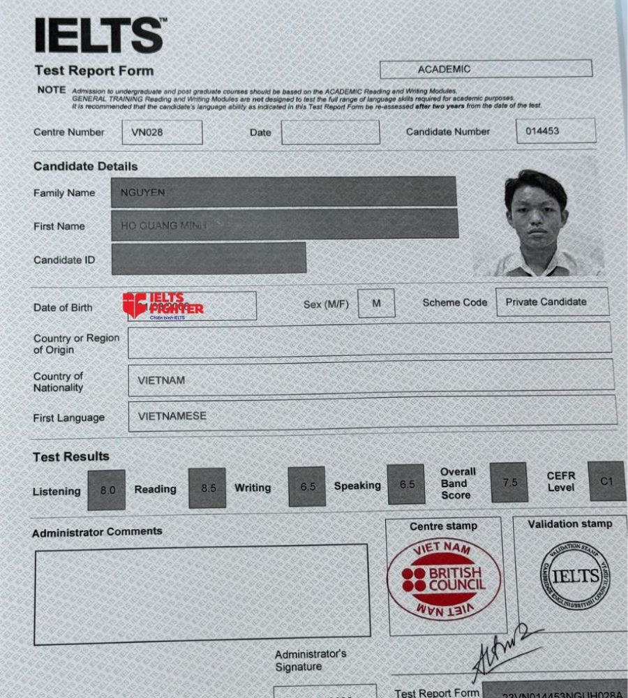 Chứng chỉ Nguyễn Hồ Quang Minh 7.5 IELTS