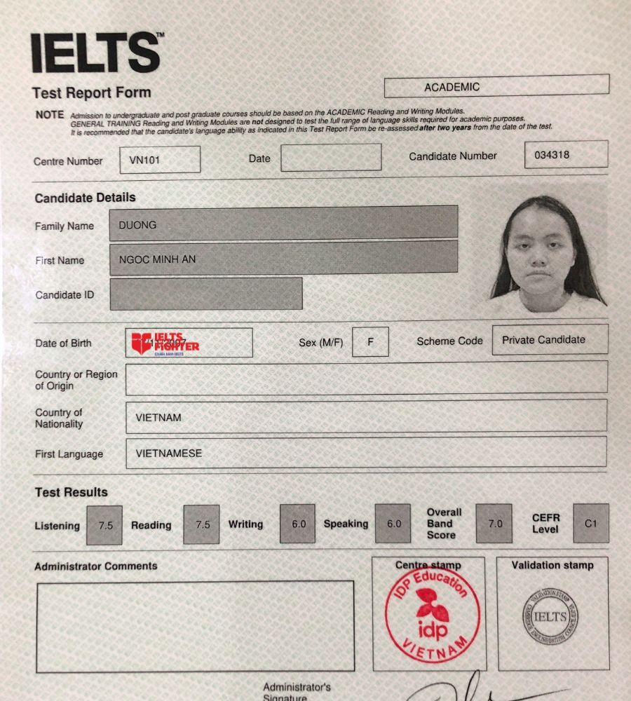 Chứng chỉ Dương Ngọc Minh An 7.0 IELTS