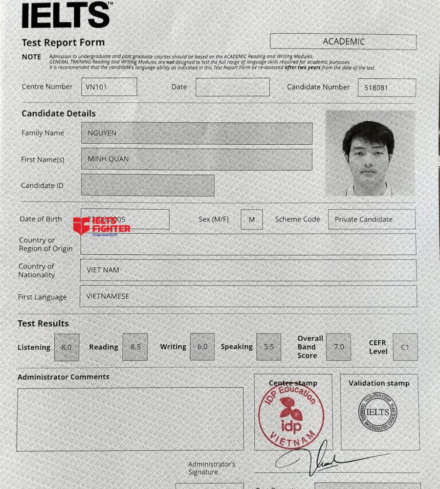 Chứng chỉ Nguyễn Minh Quân 7.0 IELTS