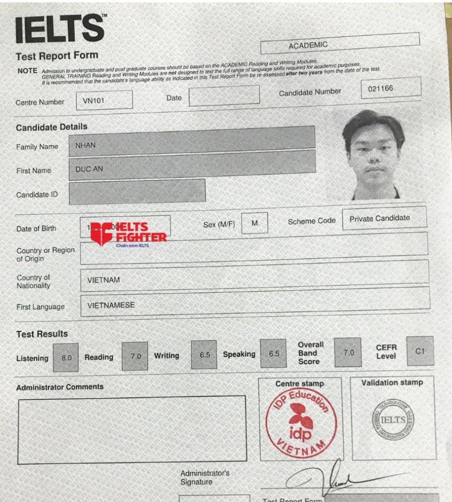 bảng điểm Nhan Đức An 7.0 IELTS
