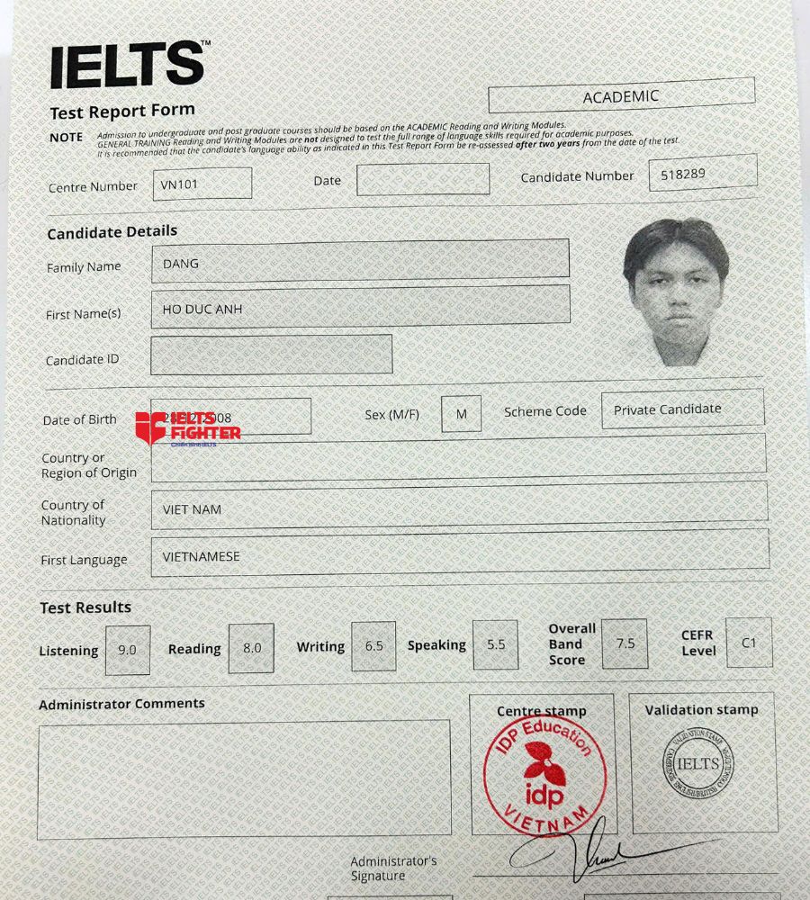 Chứng chỉ Đặng Hồ Đức Anh 7.5 IELTS