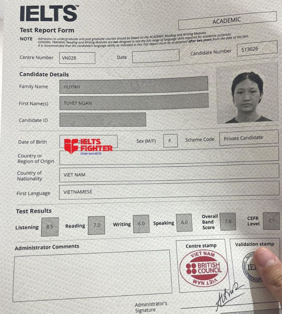 bảng điểm Huỳnh Tuyết Ngân  7.0 IELTS