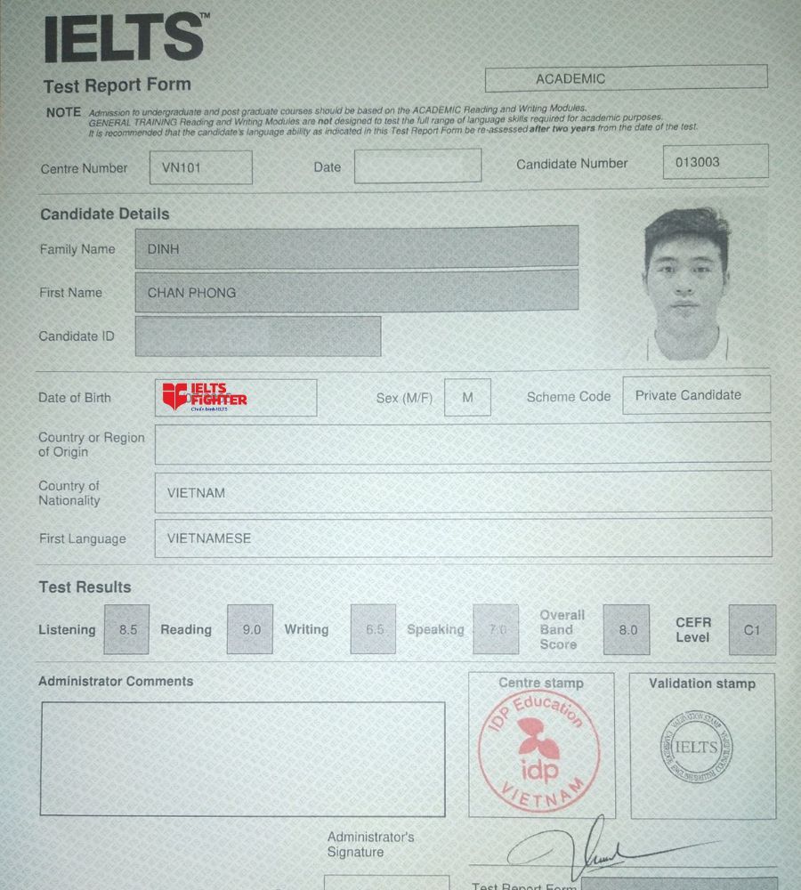 Chứng chỉ Đinh Chấn Phong  8.0 IELTS