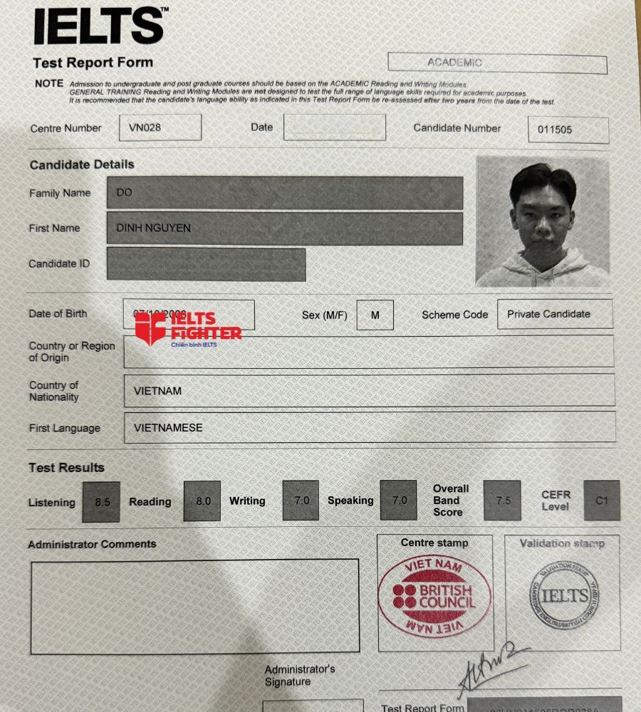 bảng điểm Đỗ Đình Nguyên Overall: 7.5 IELTS