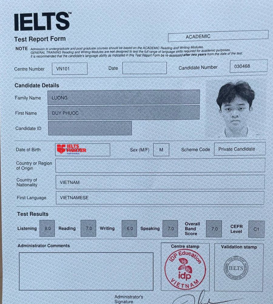 Chứng chỉ Lương Duy Phước 7.0 IELTS
