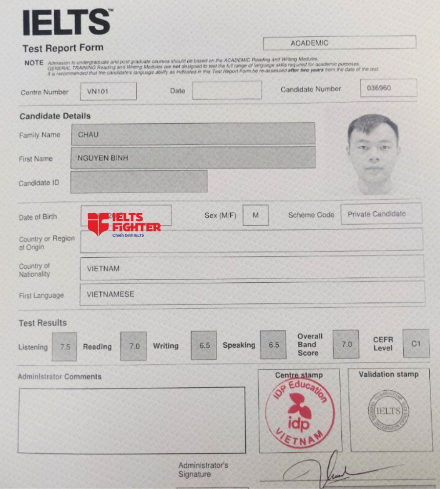 bảng điểm Nguyên Bình 7.0 IELTS