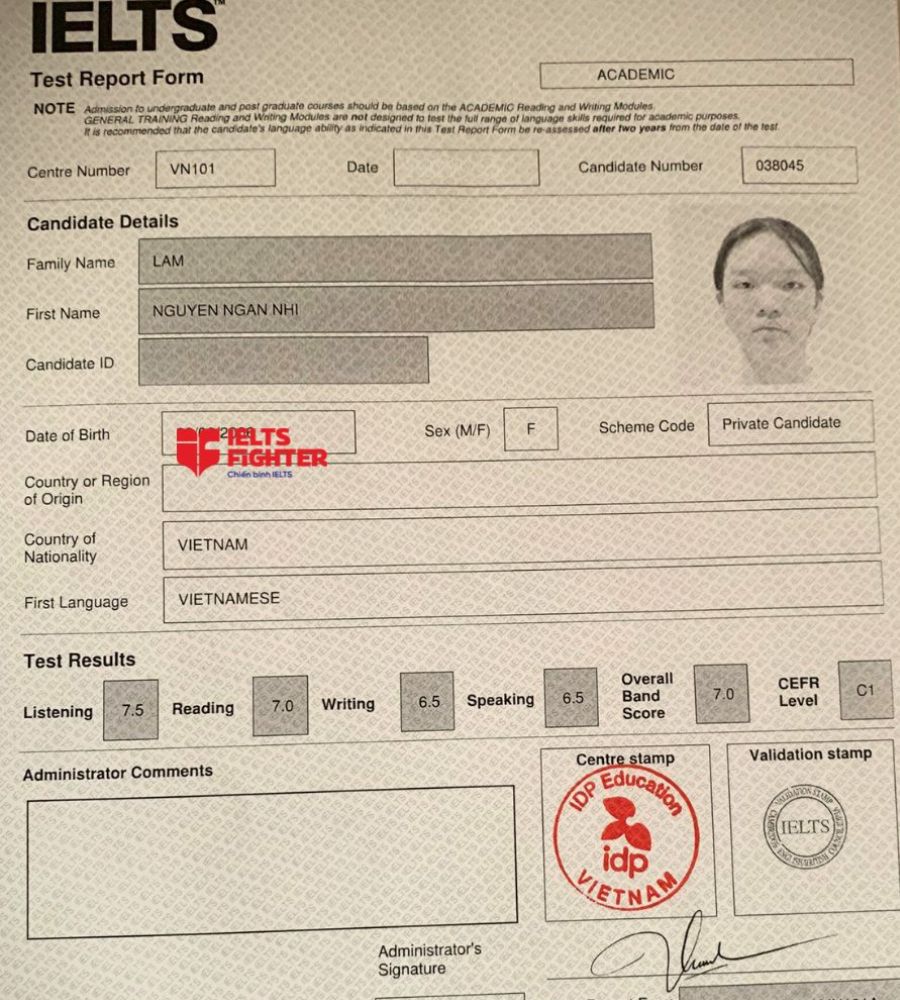 bảng điểm Ngân Nhi 7.0 IELTS