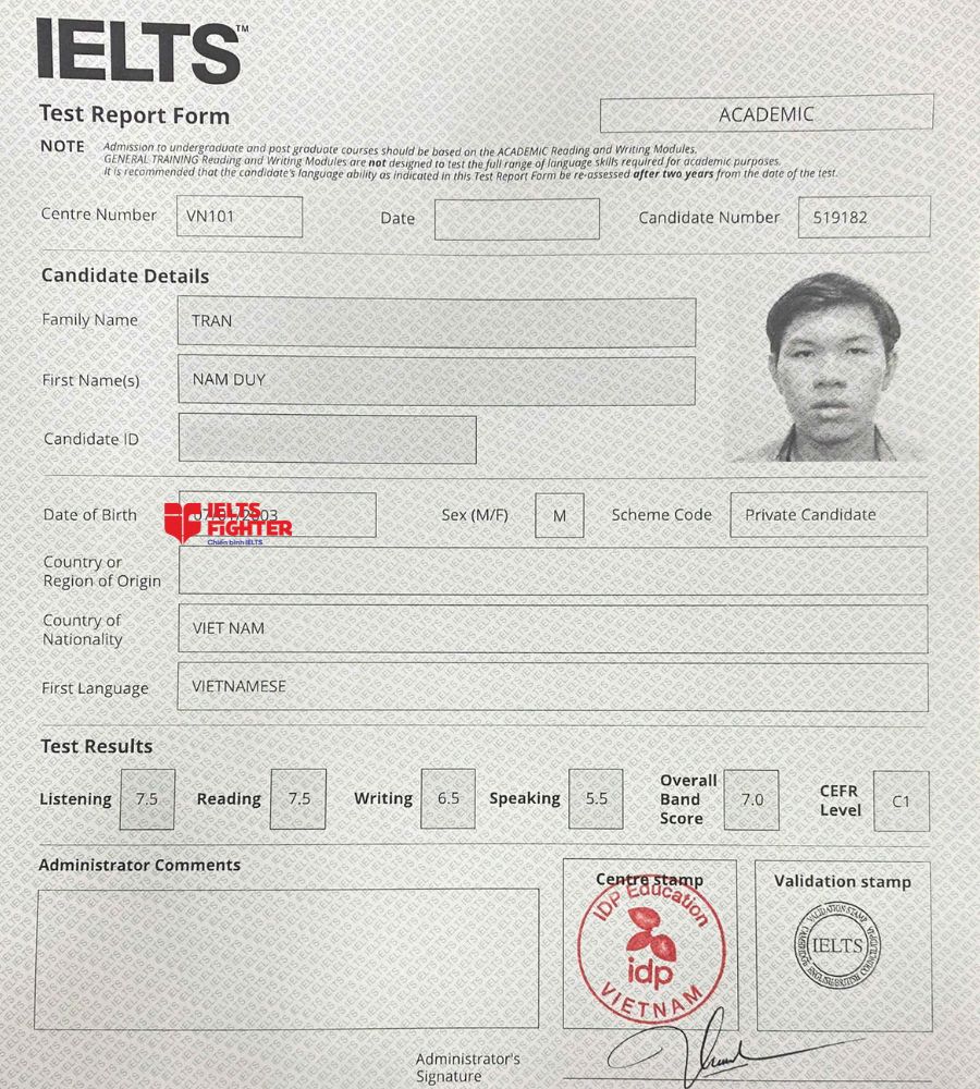 Chứng chỉ Trần Nam Duy 7.0 IELTS