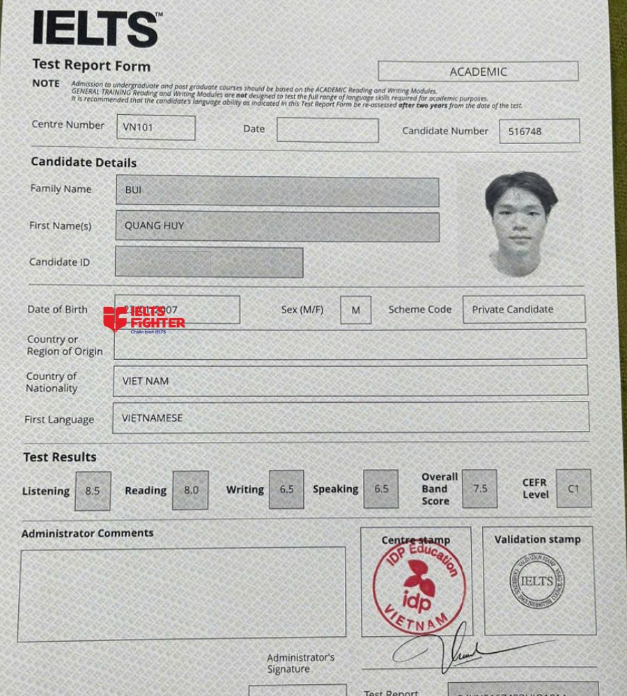 Chứng chỉ Bùi Quang Huy 7.5 IELTS