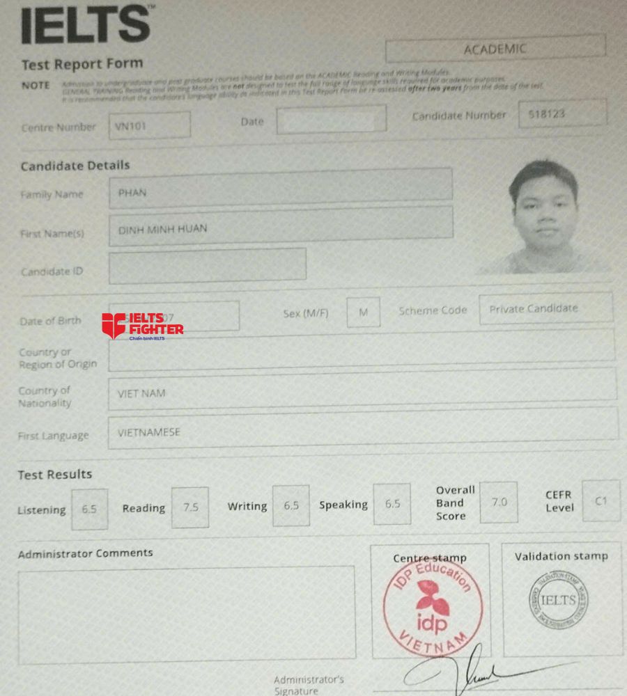 Chứng chỉ Phan Minh Huấn 7.0 IELTS