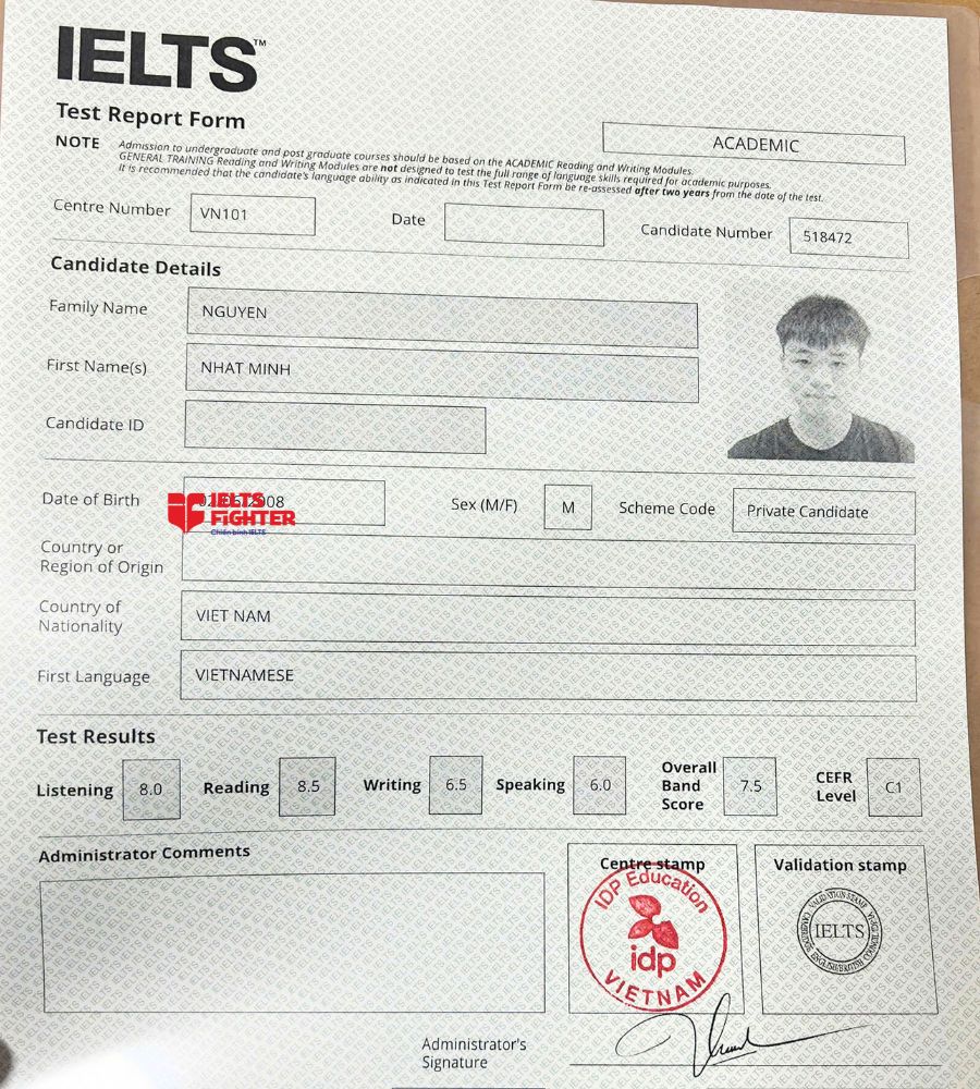 Chứng chỉ Nguyễn Nhật Minh 7.5 IELTS