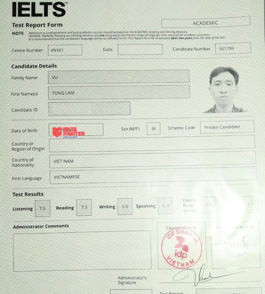 Chứng chỉ Vũ Tùng Lâm 7.0 IELTS
