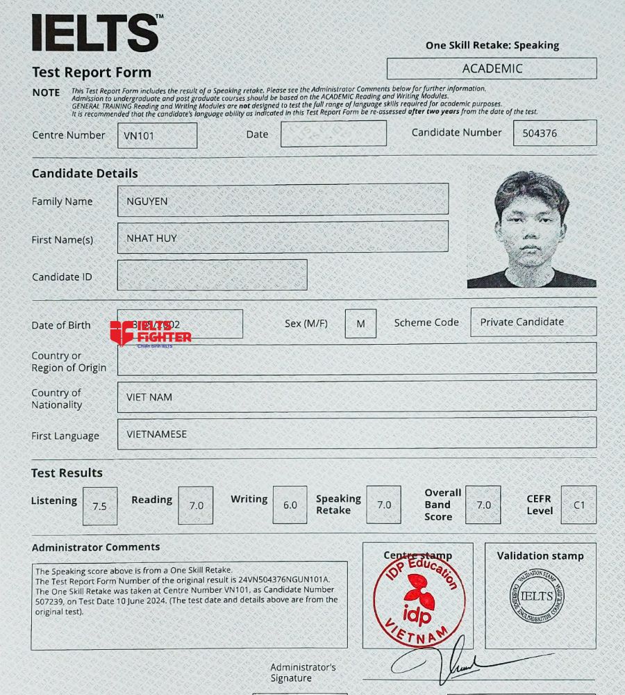 Chứng chỉ Nguyễn Nhật Huy 7.0 IELTS
