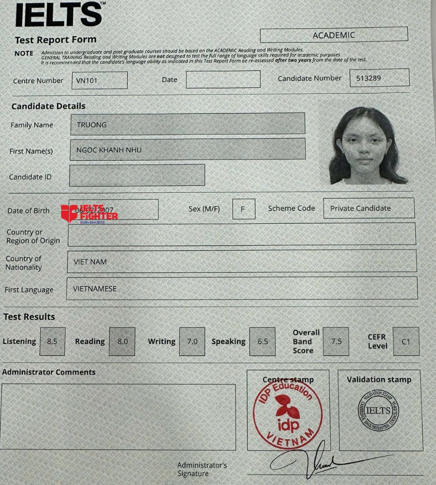 Chứng chỉ Trương Ngọc Khánh Như  7.5 IELTS
