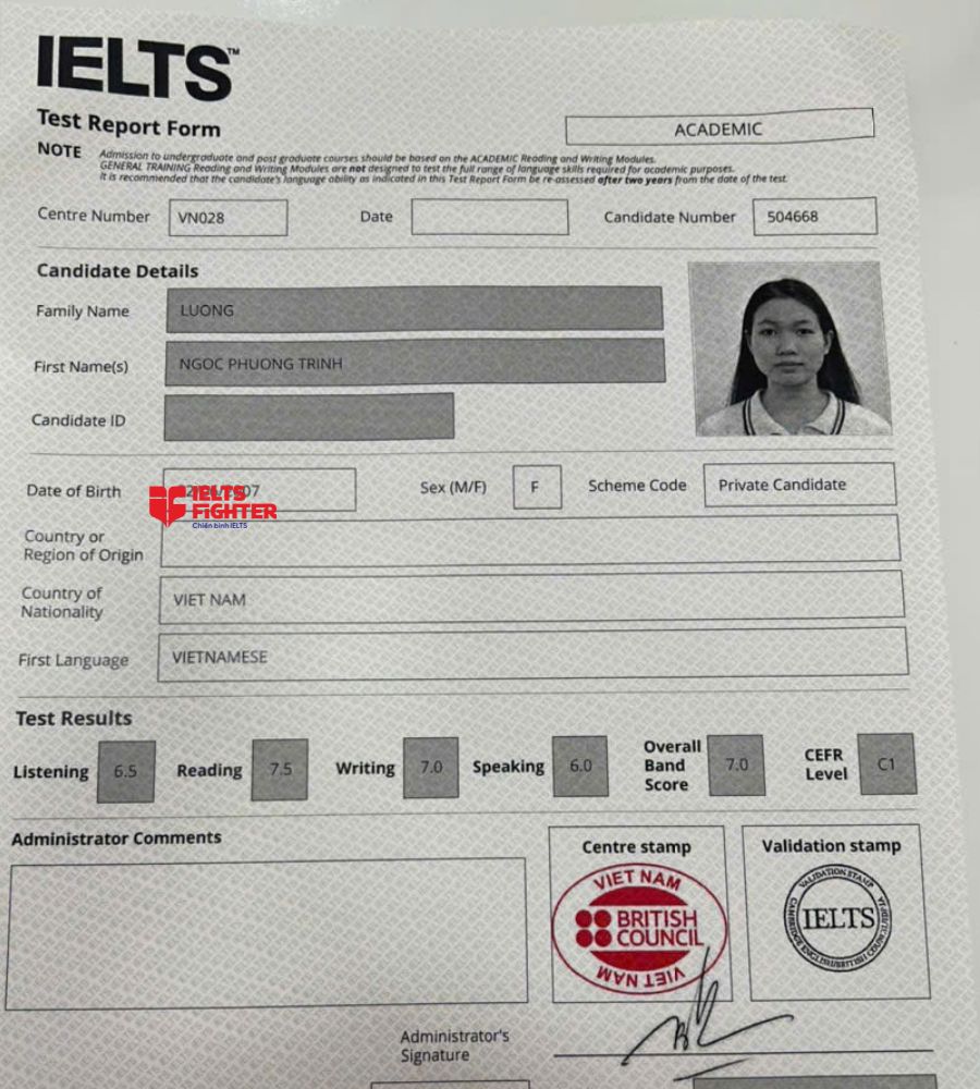 Chứng chỉ Lương Ngọc Phương Trinh 7.0 IELTS