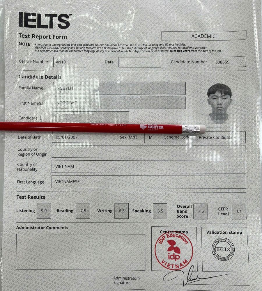 Chứng chỉ Nguyễn Ngọc Bảo  ✪ Overall: 7.5 IELTS