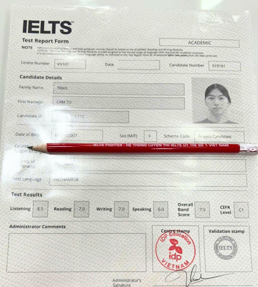 Chứng chỉ Trần Cẩm Tú 7.0 IELTS 