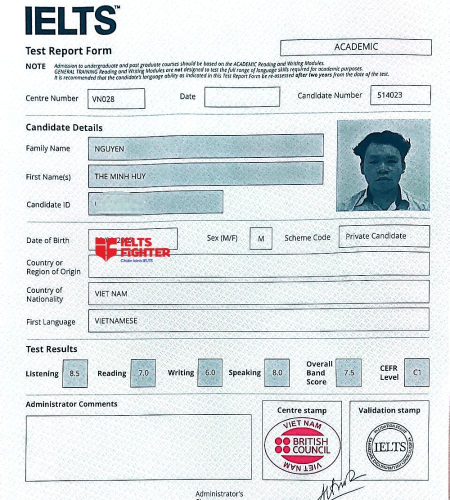 bảng điểm Nguyễn Thế Minh Huy 7.5 IELTS