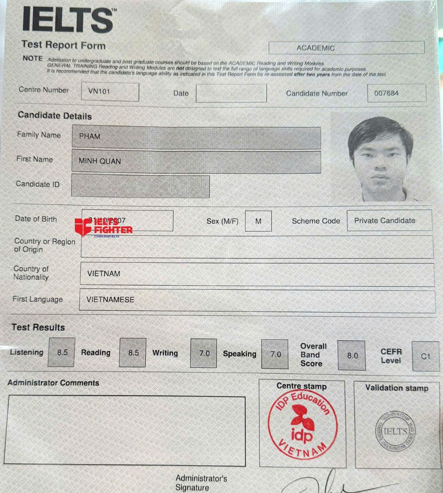 Chứng chỉ Phạm Minh Quân 8.0 IELTS