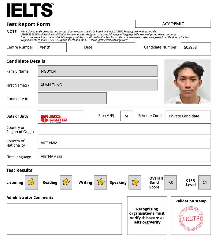 Chứng chỉ Nguyễn Xuân Tùng 7.0 IELTS