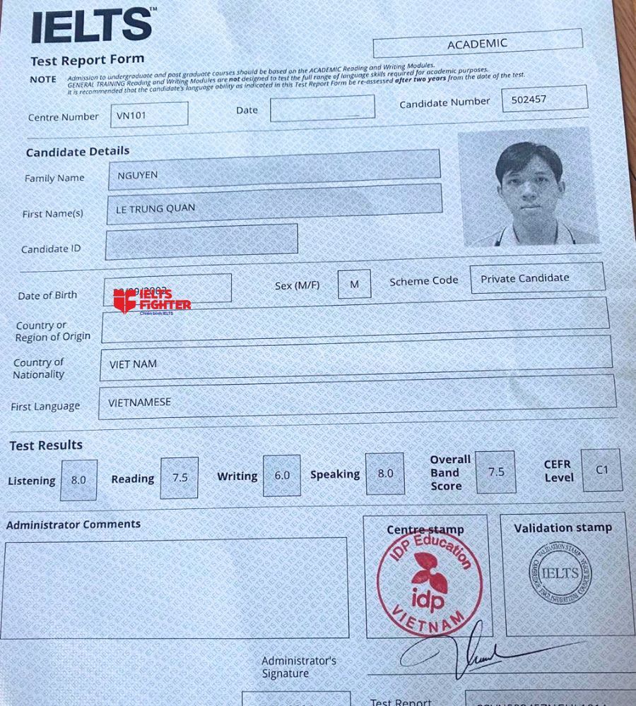 Chứng chỉ Nguyễn Lê Trung Quân  7.5 IELTS
