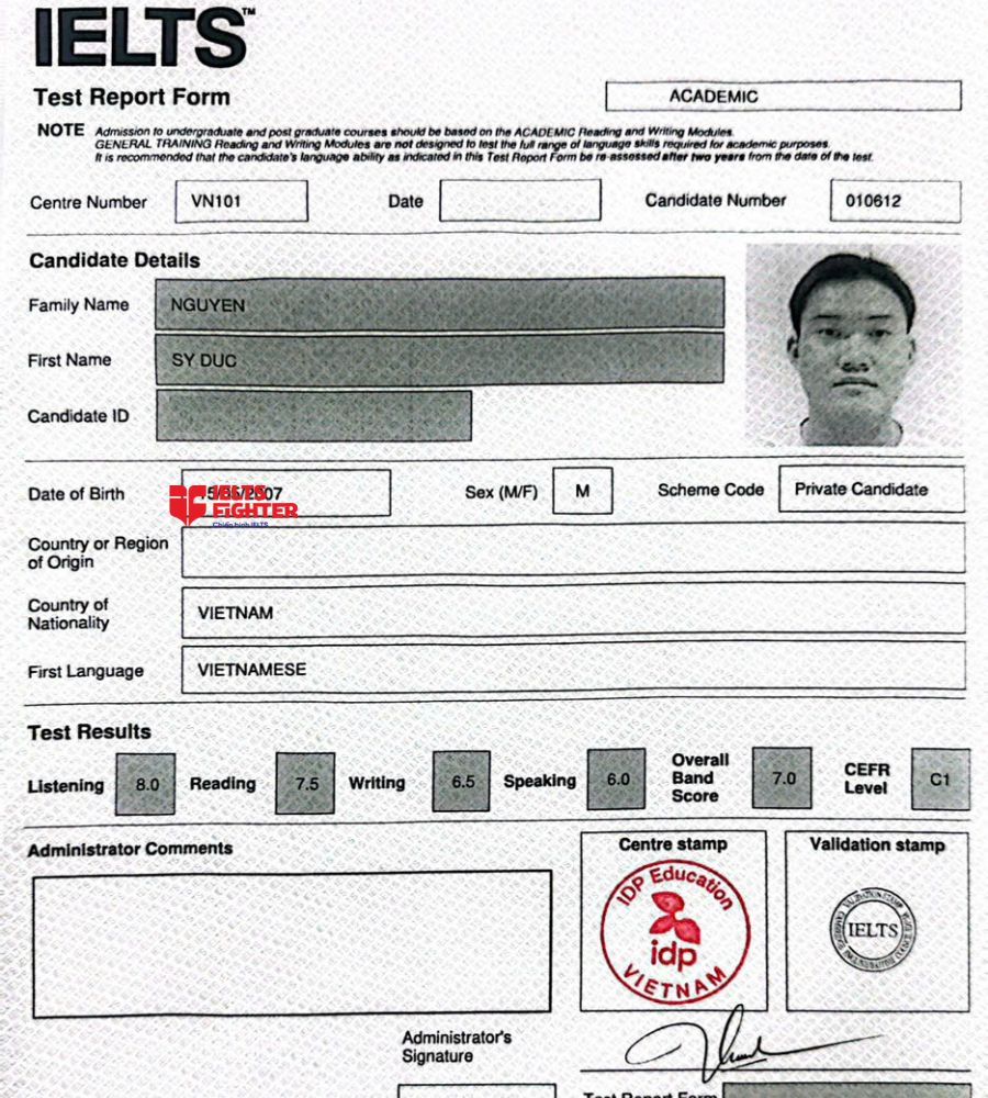 Chứng chỉ Nguyễn Sỹ Đức  7.0 IELTS