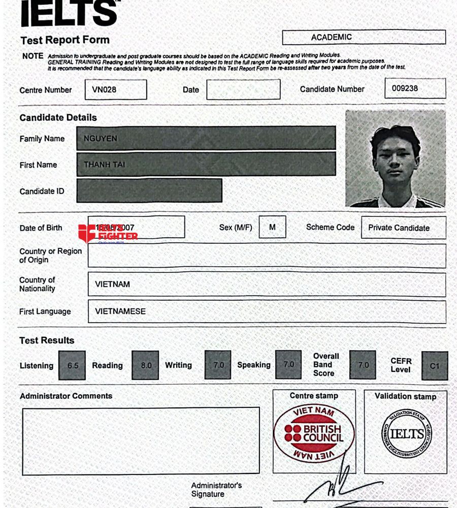Chứng chỉ Nguyễn Thành Tài 7.0 IELTS