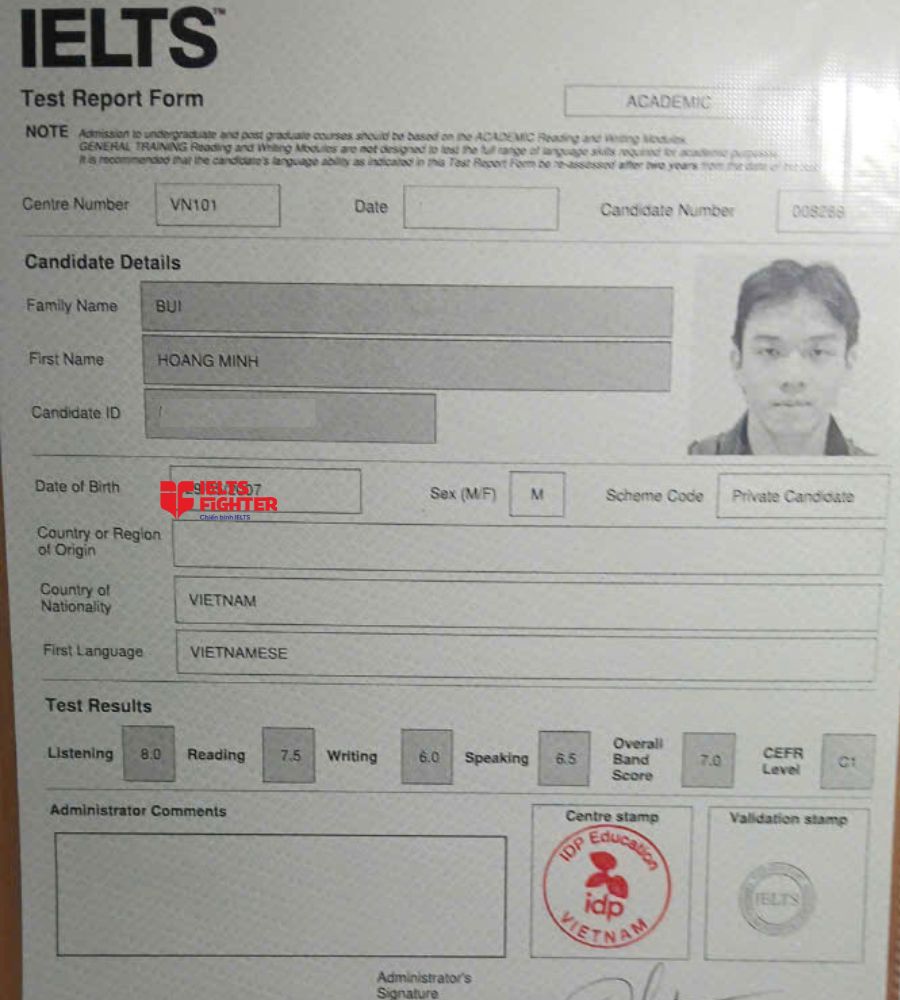 Chứng chỉ Bùi Hoàng Minh 7.0 IELTS