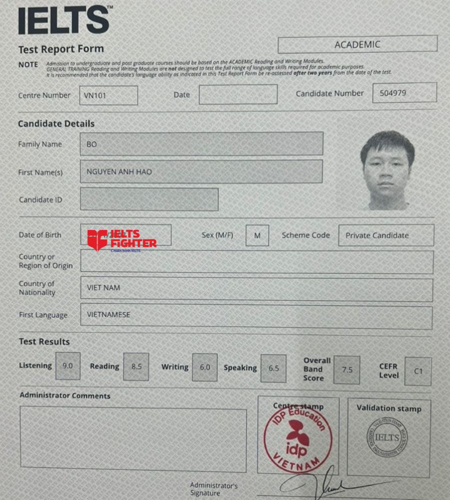 Chứng chỉ Bồ Nguyễn Anh Hào  7.5 IELTS