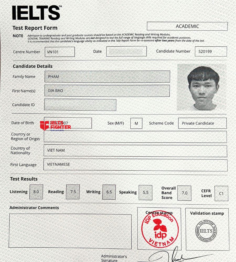 Chứng chỉ Phạm Gia Bảo 7.0 IELTS