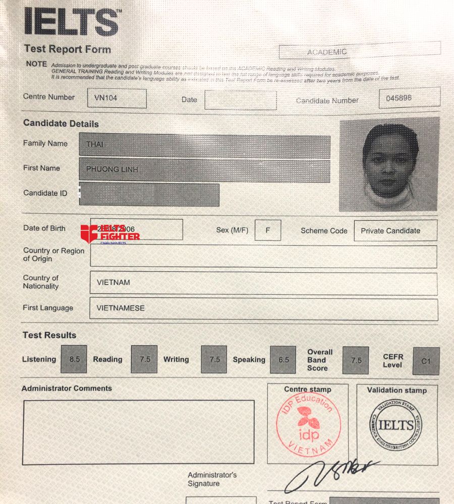 Chứng chỉ Thái Phương Linh 7.5 IELTS