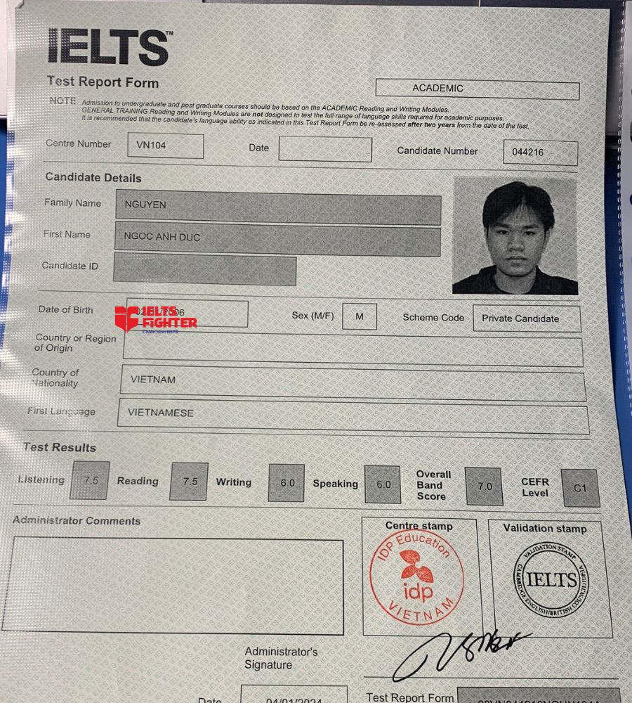 Chứng chỉ Nguyễn Ngọc Anh Đức 7.0 IELTS
