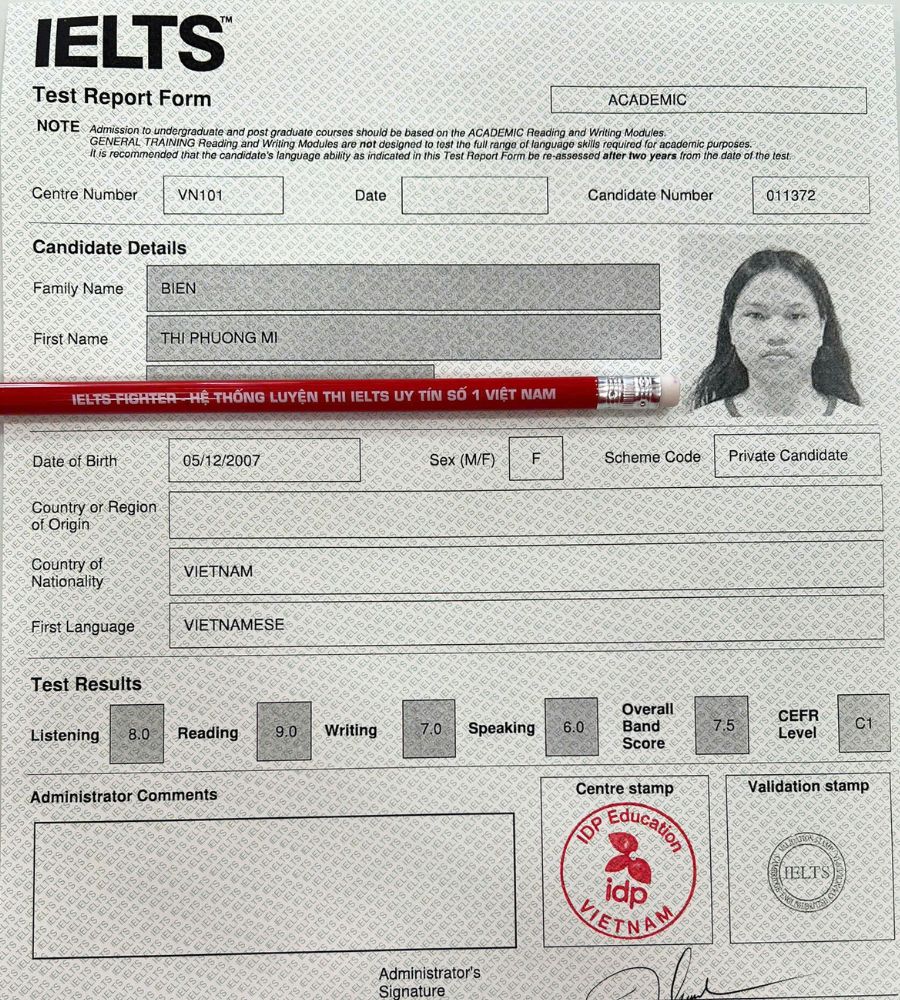 Chứng chỉ Biện Thị Phương Mi  7.5 IELTS