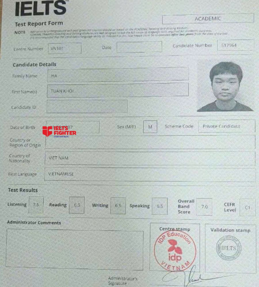 Chứng chỉ Hà Tuấn Khôi  7.5 IELTS