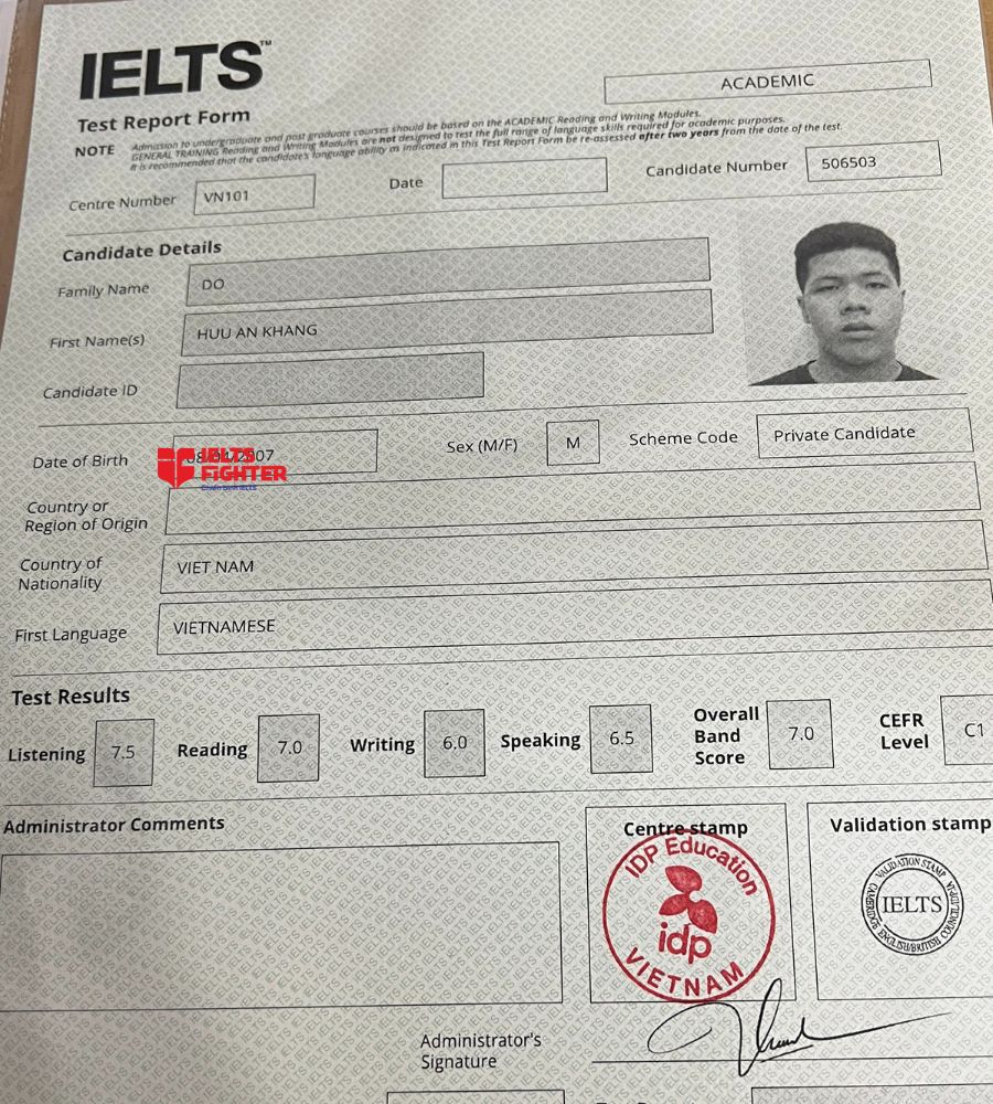Chứng chỉ Đỗ Hữu An Khang 7.0 IELTS