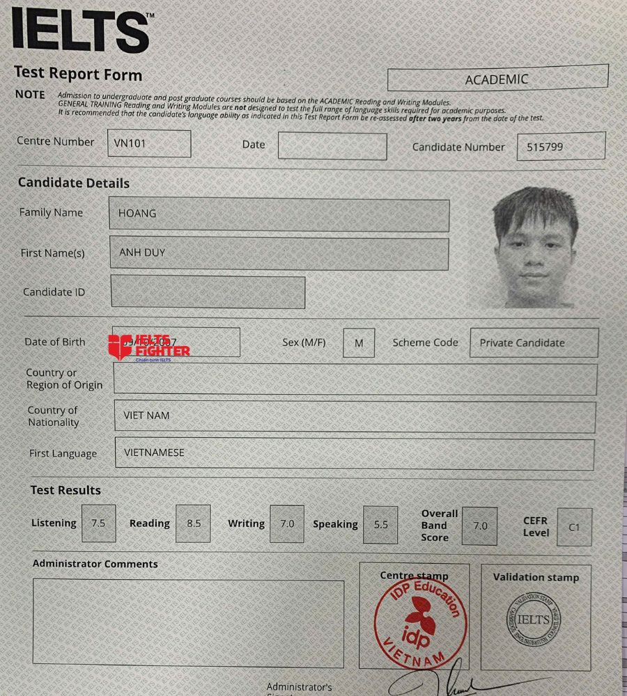 Chứng chỉ Hoàng Anh Duy  7.0 IELTS