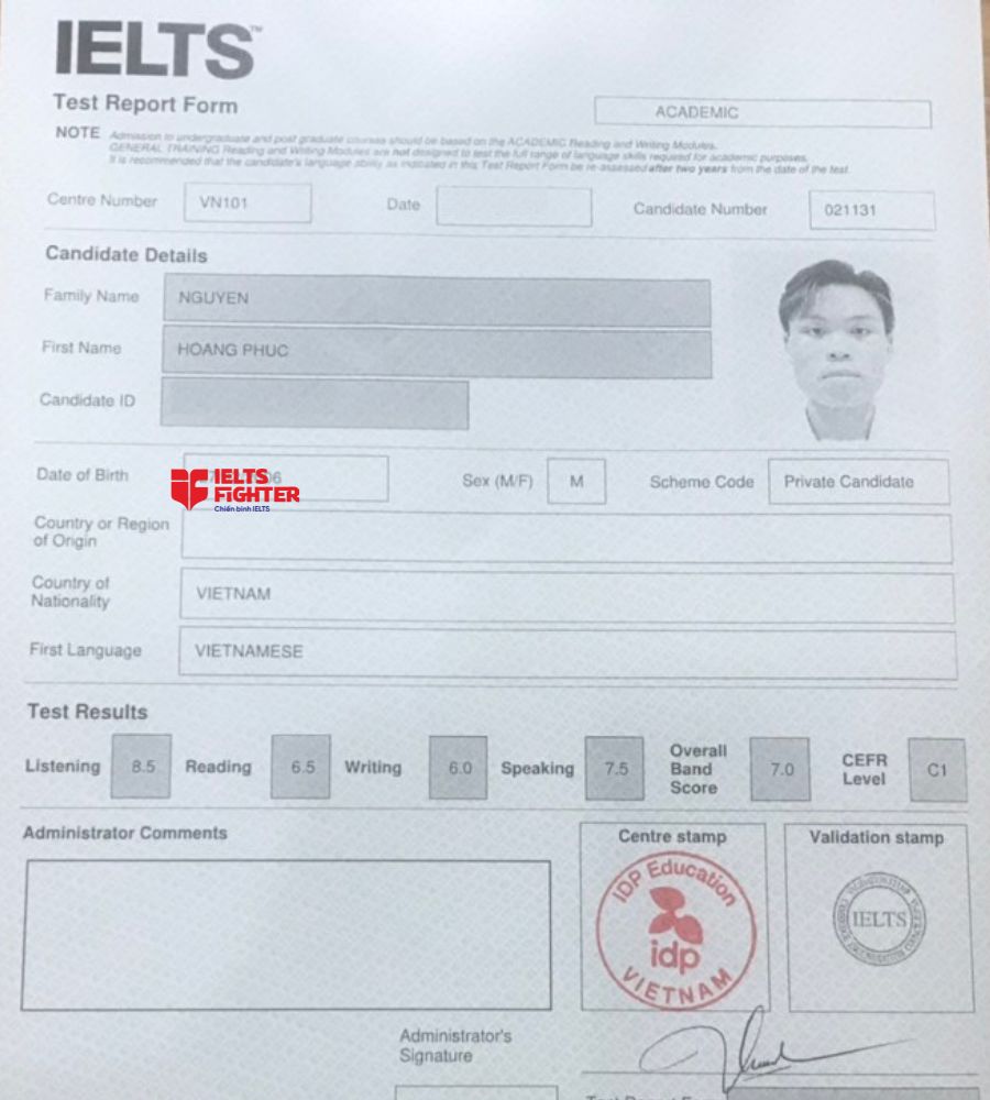 Chứng chỉ Nguyễn Hoàng Phúc 7.0 IELTS