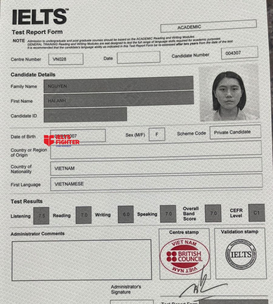 Chứng chỉ Nguyễn Hải Anh 7.0 IELTS