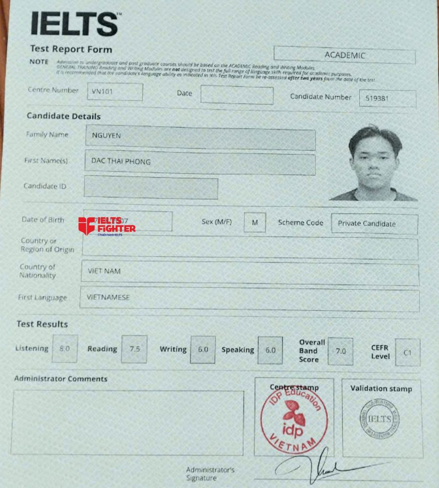 Chứng chỉ Nguyễn Đắc Thái Phong 7.5 IELTS