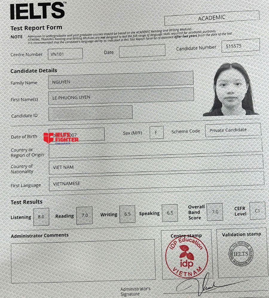 Chứng chỉ Nguyễn Lê Phương Uyên 7.0 IELTS
