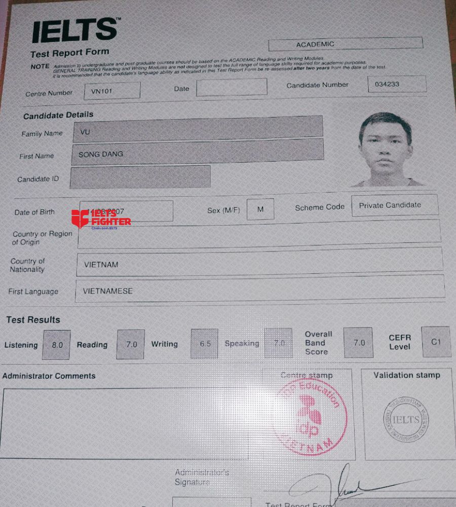 Chứng chỉ Vũ Song Đăng 7.0 IELTS
